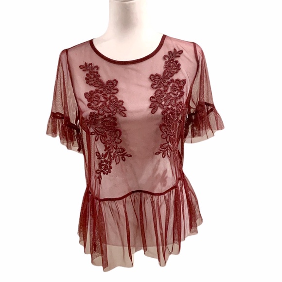 LONE + LUX Tops - Lone + Lux Burgundy Sheer Embroidered Peplum Top